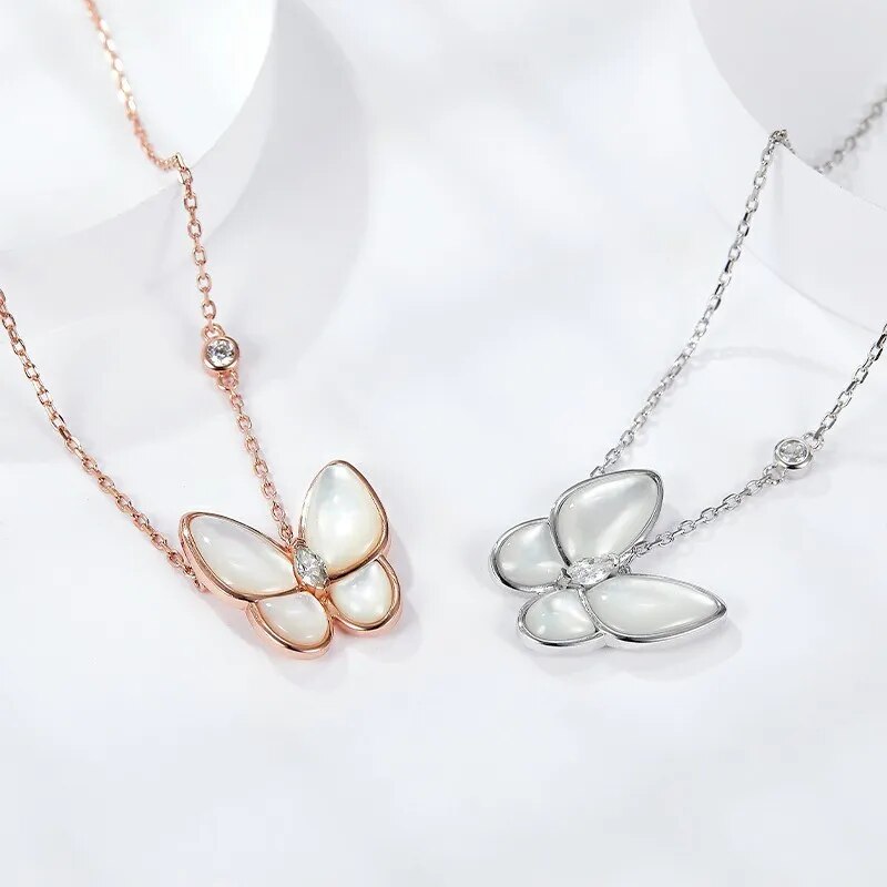 Follow Cloud 0.2ct Mother of Pearl Butterfly Moissanite Pendant Necklace for Women 925 Sterling Silver Wedding Fine Jewelry