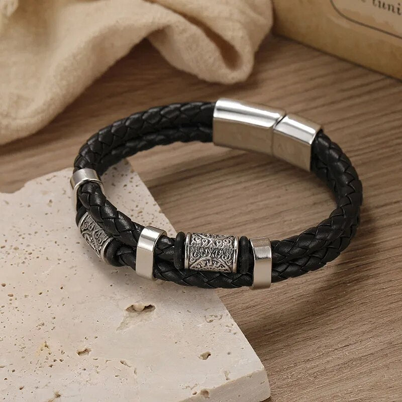 Vintage Viking Leather Bracelet for Men Boho Woven Bracelet Braided Wristband Hand Jewelry Magnetic Clasp Leather Bracelet Homme