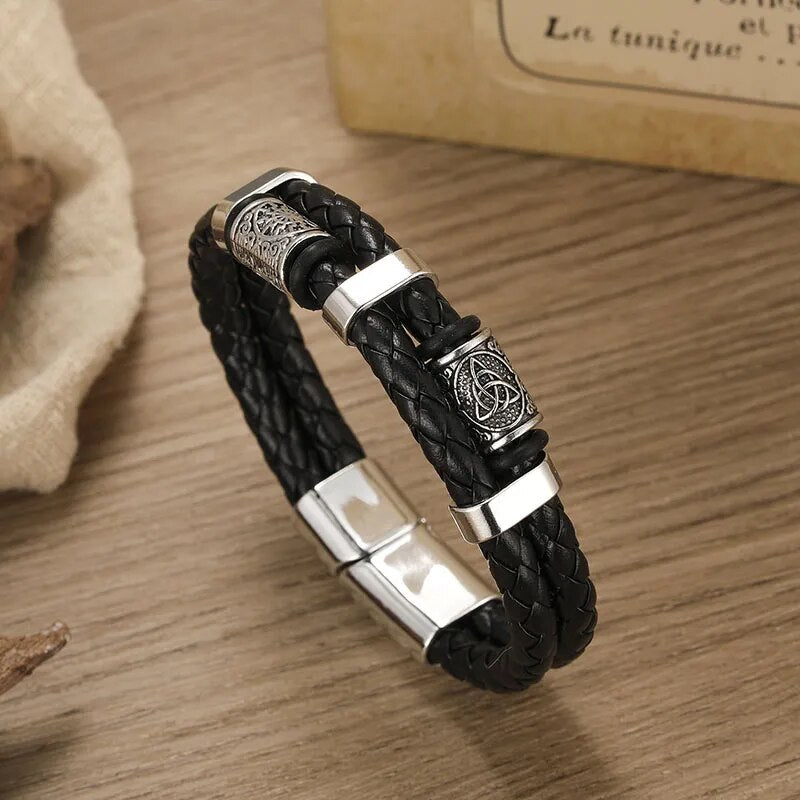 Vintage Viking Leather Bracelet for Men Boho Woven Bracelet Braided Wristband Hand Jewelry Magnetic Clasp Leather Bracelet Homme