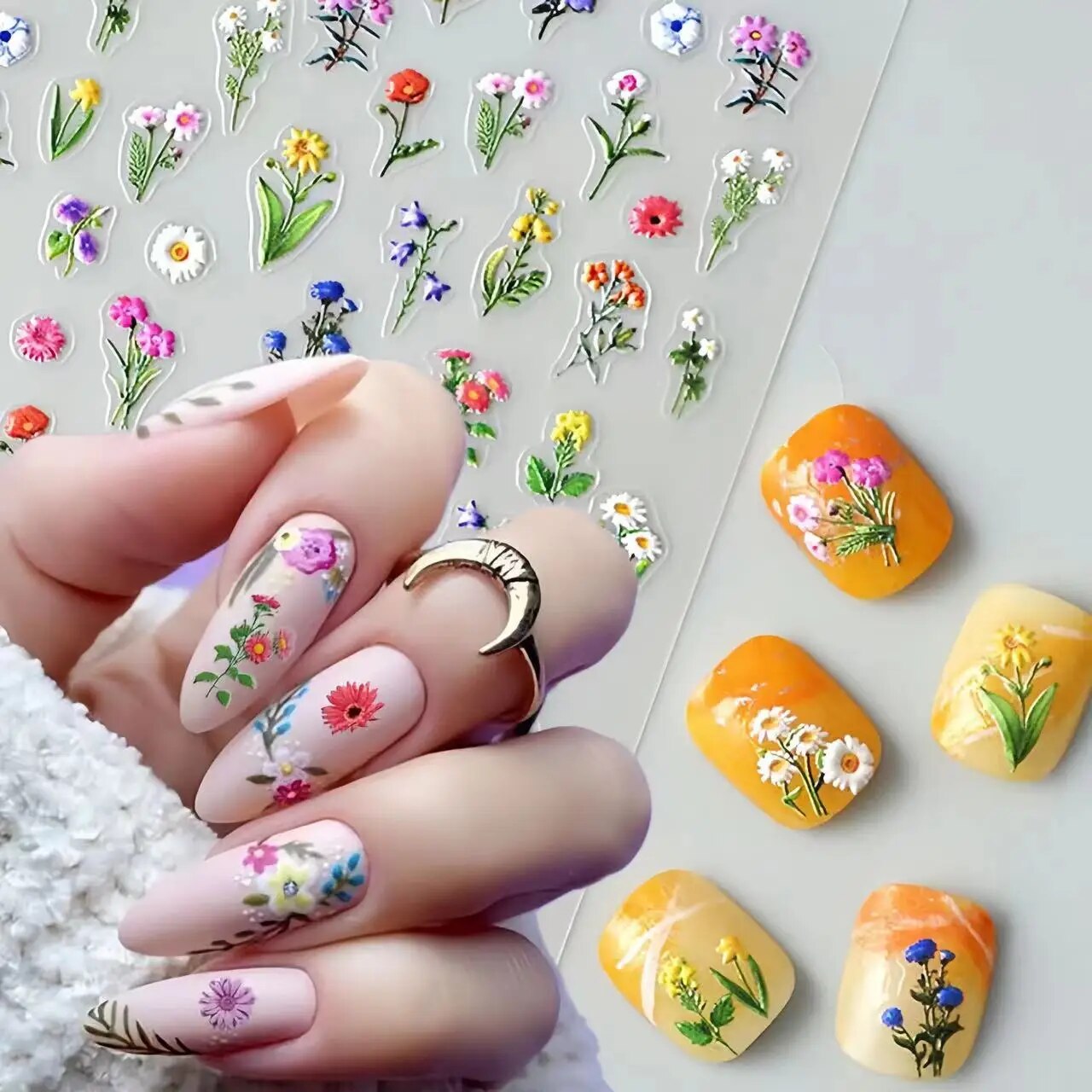 5D Relief Flower Nail Sticker Adhesive Cactus Nails Products DlY Durable Waterproof Romantic Print Pattern Nail Decals Manicure