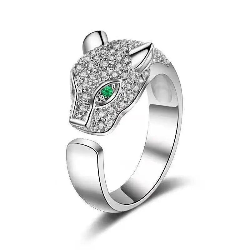 Leopard Panther Head Green Eye Opening Ring Micro-inlaid Crysyal Rhinestone Zircon for unisex Wedding Engagement Party Jewelry