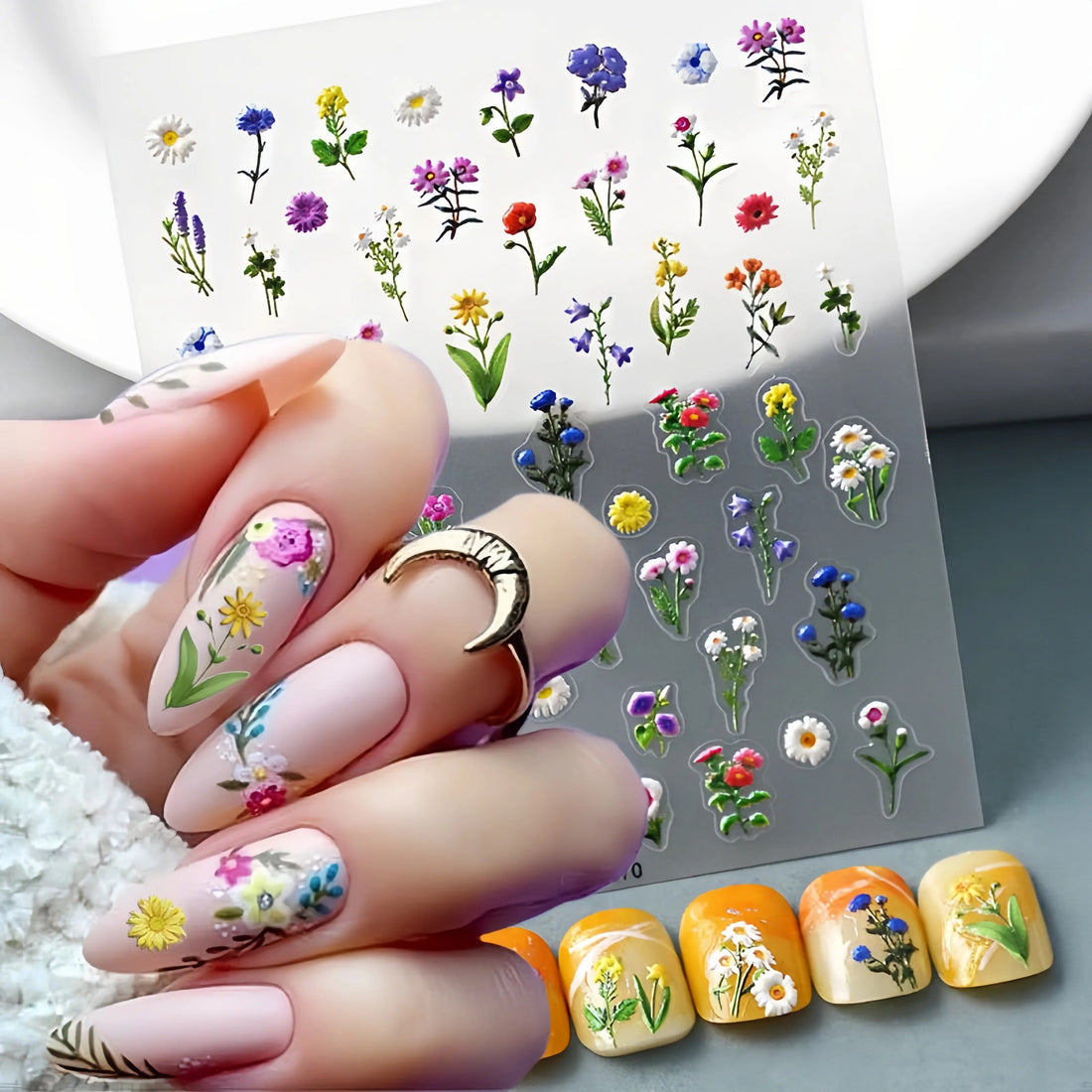 5D Relief Flower Nail Sticker Adhesive Cactus Nails Products DlY Durable Waterproof Romantic Print Pattern Nail Decals Manicure