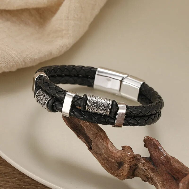 Vintage Viking Leather Bracelet for Men Boho Woven Bracelet Braided Wristband Hand Jewelry Magnetic Clasp Leather Bracelet Homme