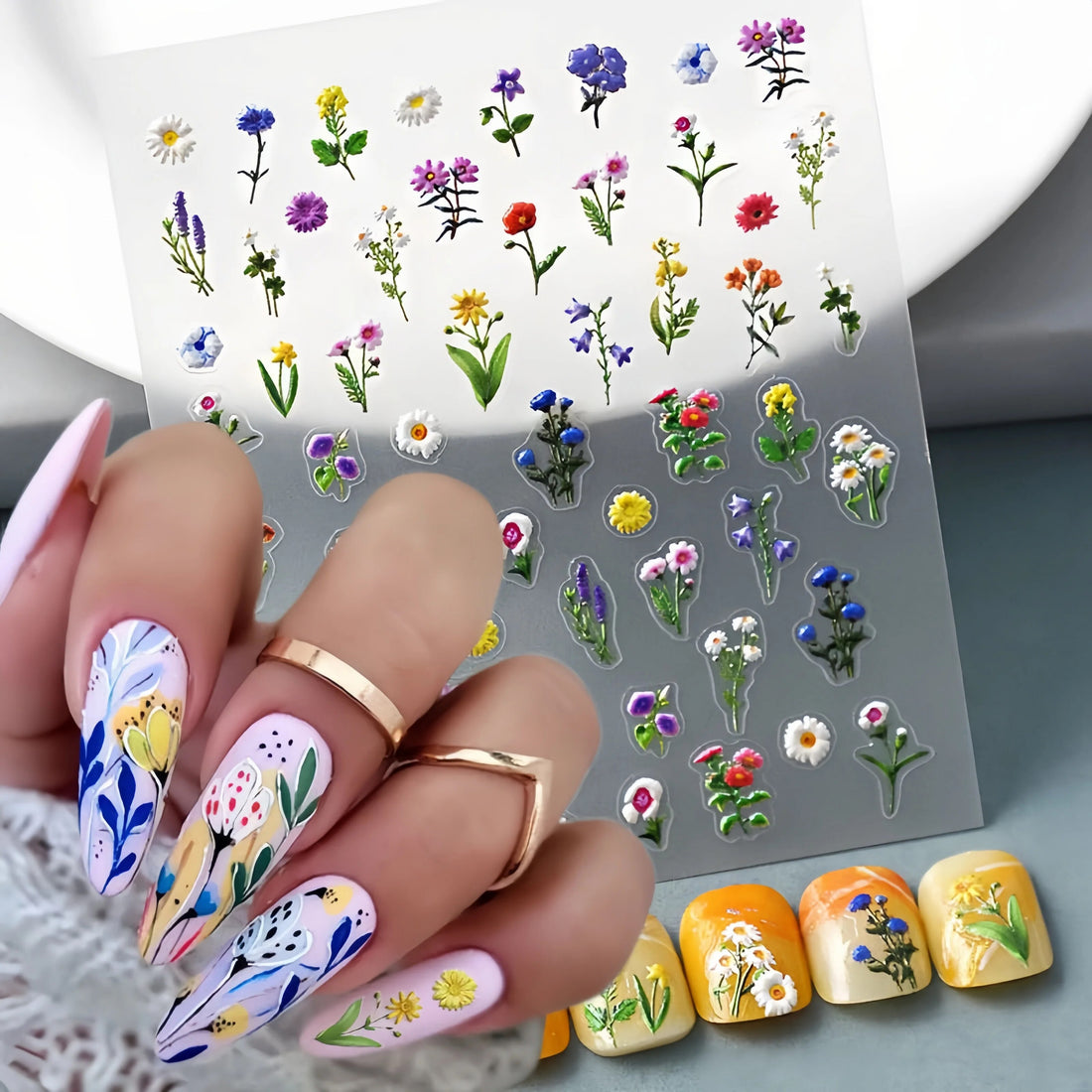 5D Relief Flower Nail Sticker Adhesive Cactus Nails Products DlY Durable Waterproof Romantic Print Pattern Nail Decals Manicure