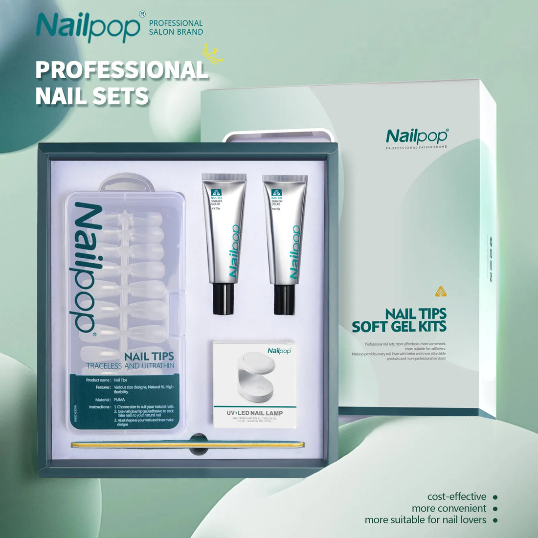 NAILPOP Nail Set with UV LED Lamp for Nails Extension Nail Tips with Glue Soft Gel Nail Kit for Beginners Manicure Products