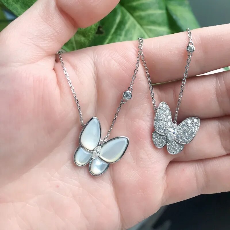 Follow Cloud 0.2ct Mother of Pearl Butterfly Moissanite Pendant Necklace for Women 925 Sterling Silver Wedding Fine Jewelry
