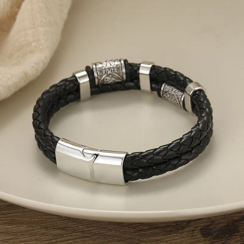 Vintage Viking Leather Bracelet for Men Boho Woven Bracelet Braided Wristband Hand Jewelry Magnetic Clasp Leather Bracelet Homme