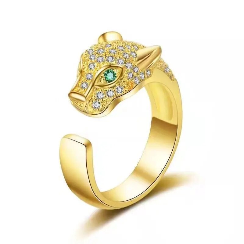 Leopard Panther Head Green Eye Opening Ring Micro-inlaid Crysyal Rhinestone Zircon for unisex Wedding Engagement Party Jewelry