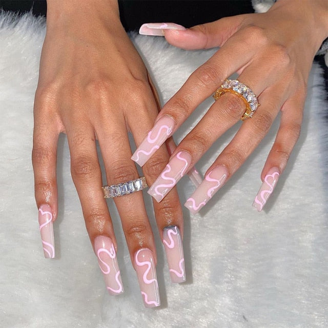 Wavy lines Detachable Long Ballerina False Nails