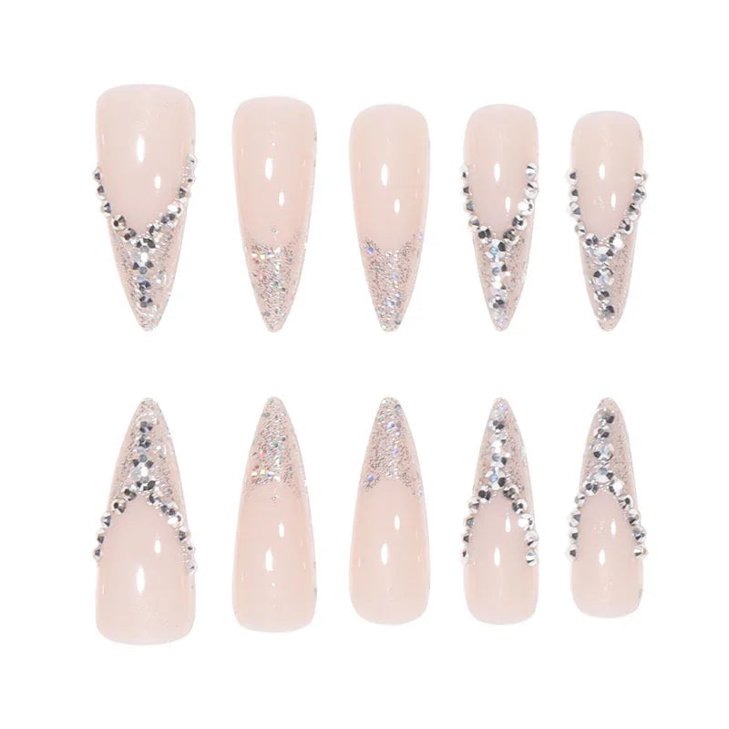24Pcs French Almond False Nails Glitter with Rhinestones Wearable Fake Nails Artificial Simple Full Cover Press on Nails Tips