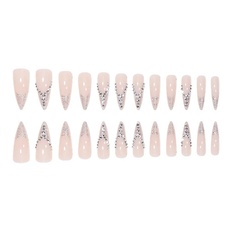 24Pcs French Almond False Nails Glitter with Rhinestones Wearable Fake Nails Artificial Simple Full Cover Press on Nails Tips