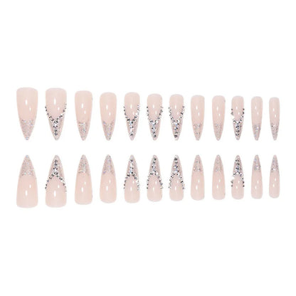 24Pcs French Almond False Nails Glitter with Rhinestones Wearable Fake Nails Artificial Simple Full Cover Press on Nails Tips