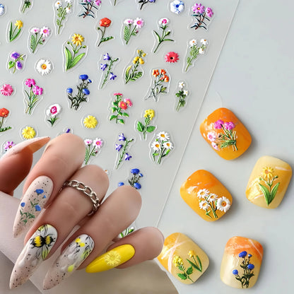 5D Relief Flower Nail Sticker Adhesive Cactus Nails Products DlY Durable Waterproof Romantic Print Pattern Nail Decals Manicure